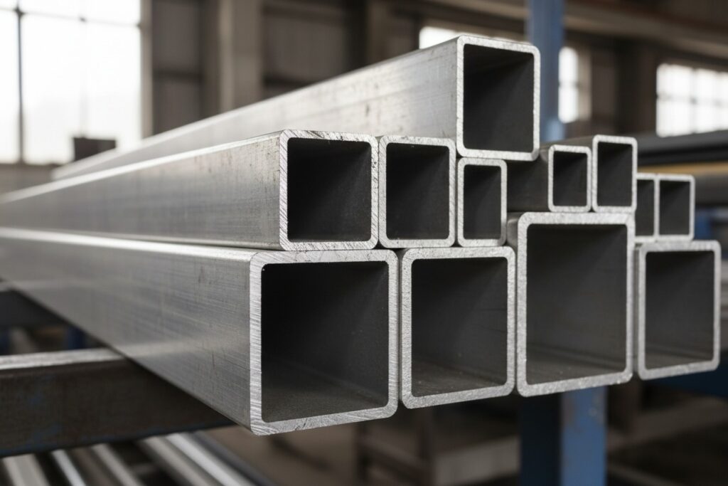 Een stapel vierkante stalen buizen in een industriële werkplaats.