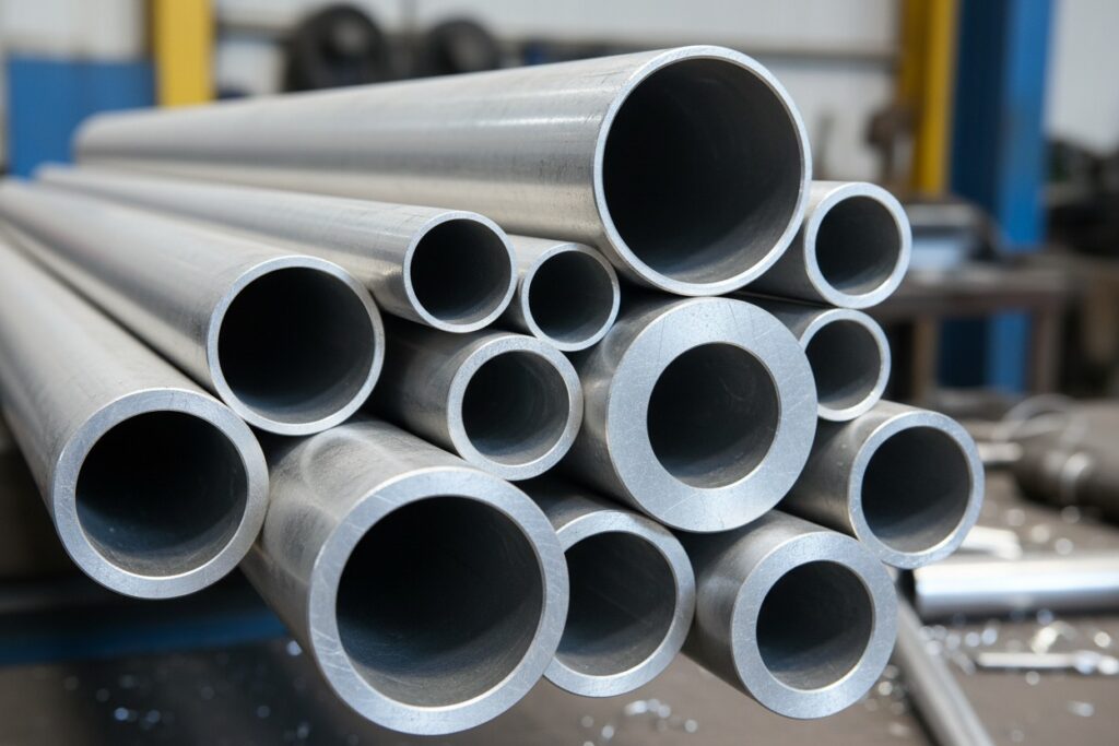 Een stapel metalen buizen van verschillende diameters in een werkplaats.