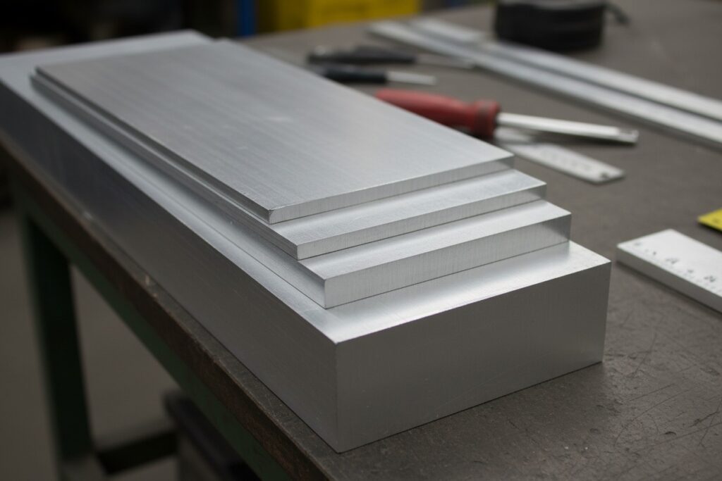 Drie op elkaar gestapelde rechthoekige aluminium blokken liggen op een werkbank met gereedschap op de achtergrond.