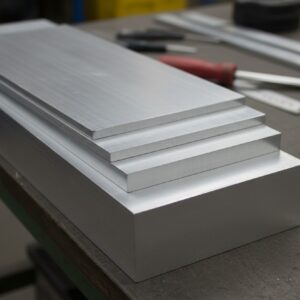 Drie op elkaar gestapelde rechthoekige aluminium blokken liggen op een werkbank met gereedschap op de achtergrond.